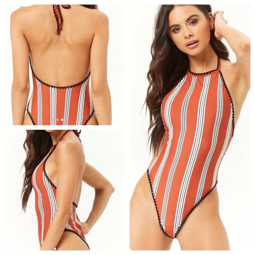 Striped Crochet Trim High Leg Halter Bathing Suit S